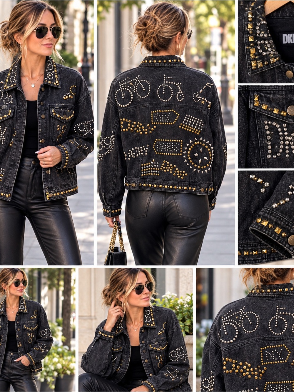 Vintage DKNY Rhinestone Studded Embellished Black Denim Jacket